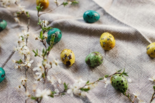 Stijlvolle paaseieren en bloeiende kersenbloemen op rustieke tafel Vrolijk Pasen Rustiek paasstilleven Natuurlijk geschilderde kwarteleitjes en kersenbloesems op linnen stof