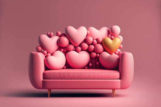 Foto stijlvolle roze bank met hartvormige ballonnen in een helder minimalistisch interieur woonkamer interieur details romantisch interieur ai gegenereerd beeld