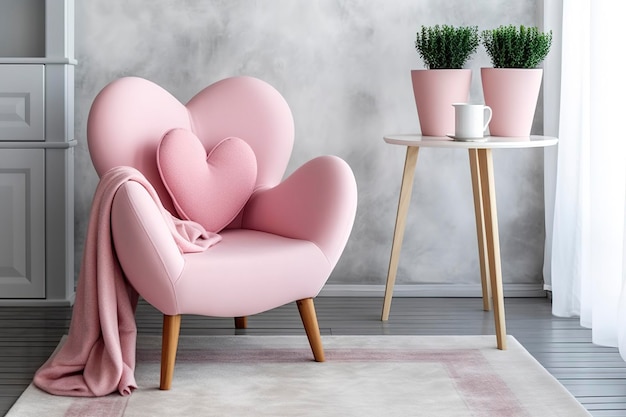 Stijlvolle roze fauteuil met hartvormig kussen in een helder minimalistisch interieur genereren ai