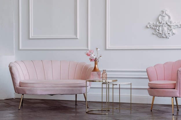 Stijlvolle roze fauteuils tegen een witte muur met stucwerk 3648
