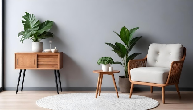 Stijlvolle samenstelling van modern woonkamerinterieur met frotte fauteuil bank planten houten komode si