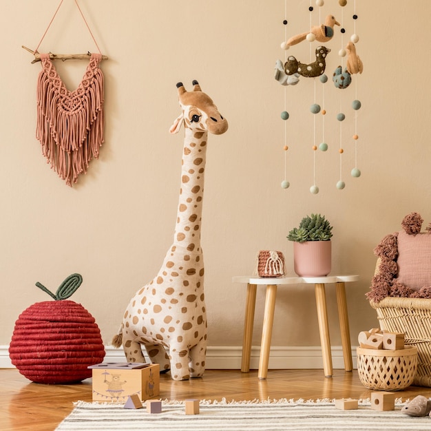 Stijlvolle scandinavische kinderkamer met mock-up poster, speelgoed, teddybeer, pluche dier, natuurlijke poef en kinderaccessoires. Modern interieur met beige muren als achtergrond. Sjabloon. Ontwerp huis enscenering.