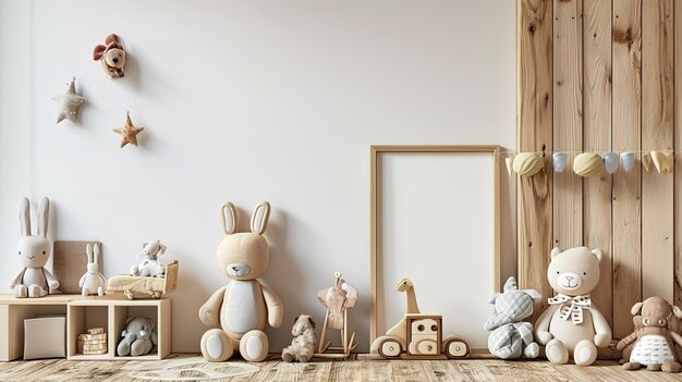 Stijlvolle Scandinavische pasgeboren baby kamer met bruine houten mock-up poster frame speelgoed