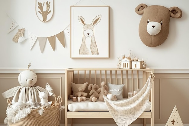 Stijlvolle scandinavische pasgeboren babykamer met bruin houten mock-up posterframe speelgoed pluche dieren- en kinderaccessoires Gezellige decoratie en hangende katoenen vlaggen aan de beige muur