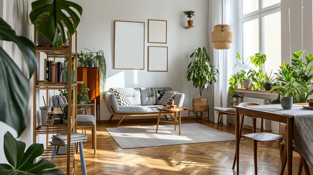 Foto stijlvolle scandinavische woonkamer met design meubels planten bamboe boekhouder ai generative