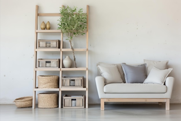 Stijlvolle Scandinavische woonkamer met moderne houten planken, gezellige bank en witte muurdecoratie