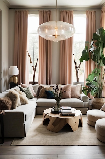 stijlvolle Scandinavische woonkamer met ontwerp mint bank meubels mock up poster kaart planten en eleg