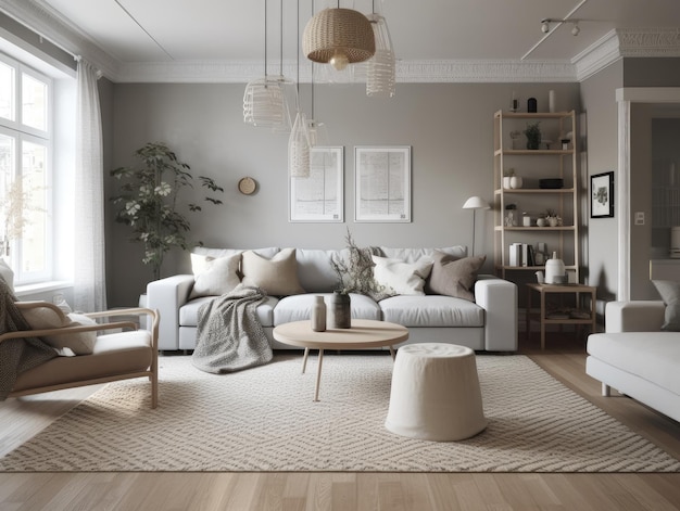 Stijlvolle scandinavische woonkamer met prachtige meubels en decor Generatieve AI