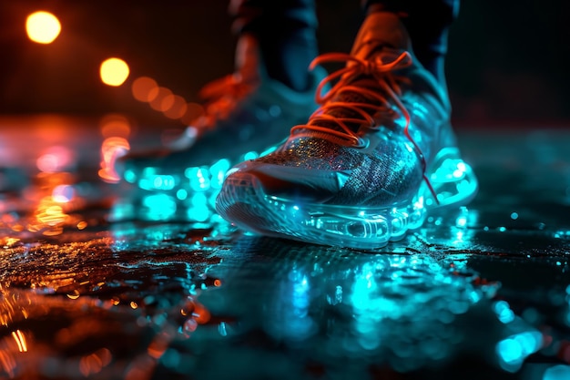 Stijlvolle sneakers met een neon gradiënt op een donkere achtergrond met een bokeh effect holografisch beeld van