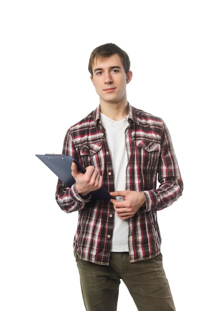 Stijlvolle student poseren met notebook in de hand op wit