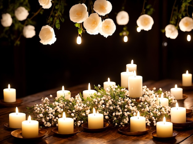 Foto stijlvolle tafel met katoenen bloemen en geurige kaarsen bij een lichte muur
