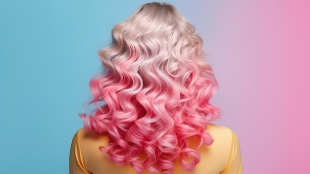 Stijlvolle trendy dameshaarstyling blonde grote krullen Mooi meisje met professionele haarstyling achteraanzicht Roze tinten inhoud voor kapper schoonheidssalon ai generatieve afbeelding