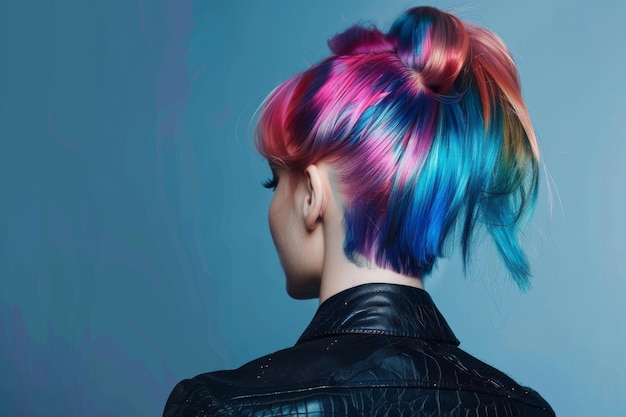 Foto stijlvolle updo met een vrouw met veelkleurig gekleurd haar op een blauwe achtergrond