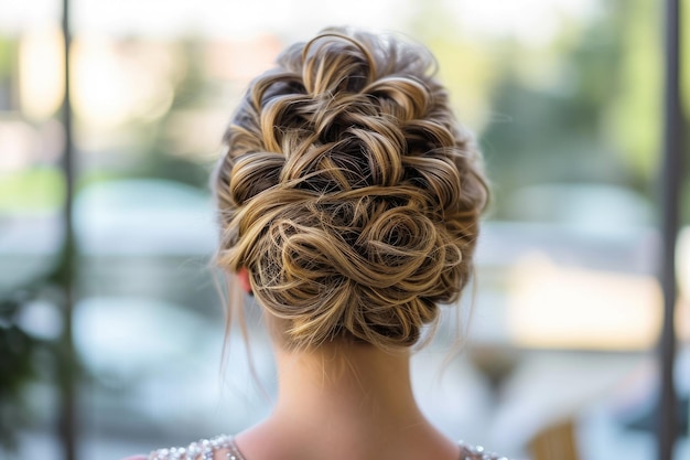 Stijlvolle updo met ingewikkeld gevlochten haarverlengingen voor extra volume Elegante updo versierd met inwendig gevlochten haareverlengingen die een omvangrijke stijl creëren