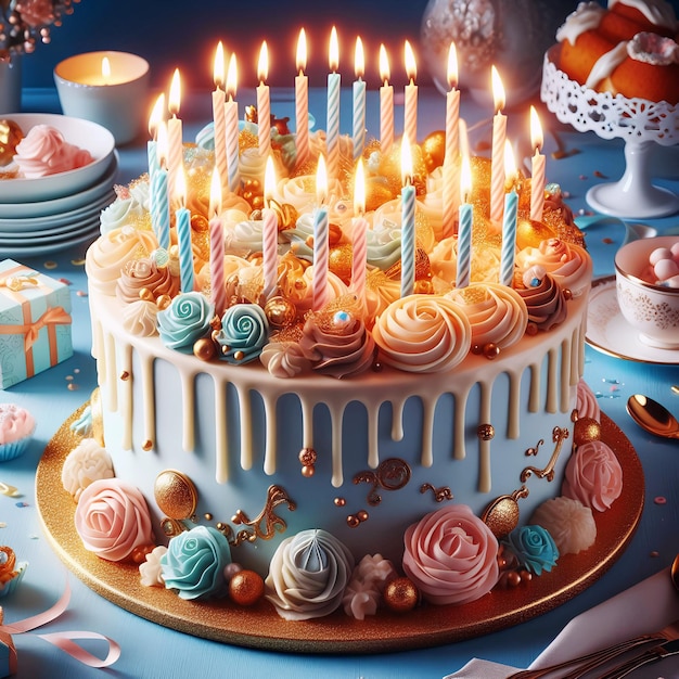 Stijlvolle verjaardagsceremonie taart op een blauwe tafel gevuld met kaarsen lamp gratis foto