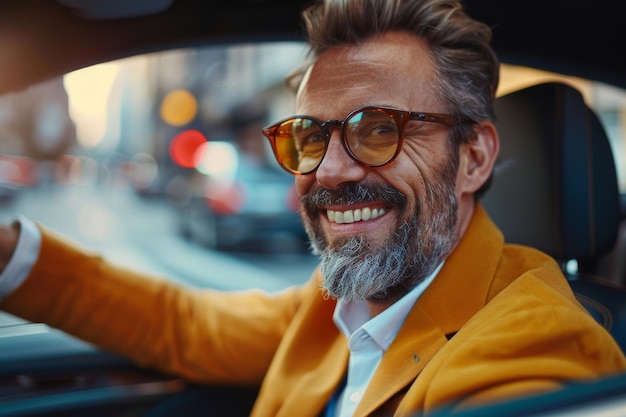 Foto stijlvolle volwassen man in een trendy gele jas die geniet van een rit in een moderne auto portret van een vrolijke