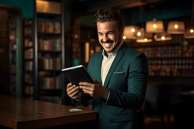 Stijlvolle volwassen zakenman met een groene blazer op zijn tablet op een wazige achtergrond in het kantoor