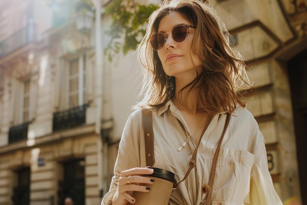 Stijlvolle vrouw met een koffiekop op een zonnige straat
