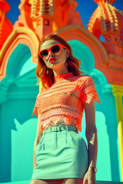 Stijlvolle vrouw poseert in zomermode tegen een kleurrijke architectonische achtergrond