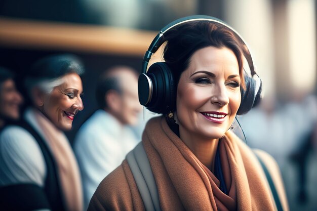 Stijlvolle vrouw van middelbare leeftijd die van muziek geniet en naar muziek luistert in grote koptelefoon met kopieerruimte.