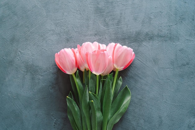 Stijlvolle wenskaart Verse tulpen plat lag op grijze achtergrond Floral wenskaartsjabloon met ruimte voor tekst Happy Women's Day Happy Mother's day Stijlvolle wenskaart