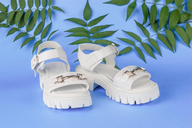 Stijlvolle witte zomersandalen voor dames op een blauwe achtergrond met palmbladeren