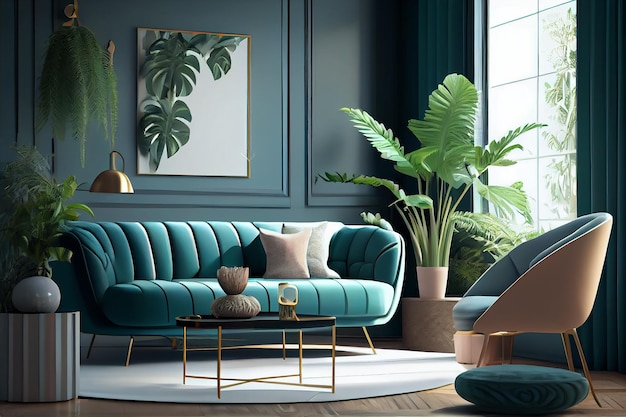 Stijlvolle woonkamer interieur modern appartement en trendy meubelplanten en elegante accessoires