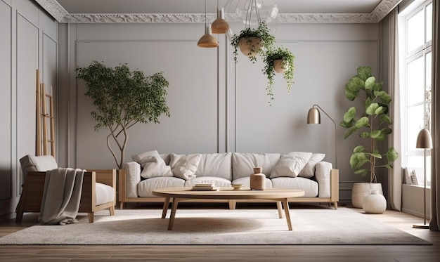 Stijlvolle woonkamer interieur van modern appartement en trendy meubels planten en elegante accessoires Huisdecor generatieve AI