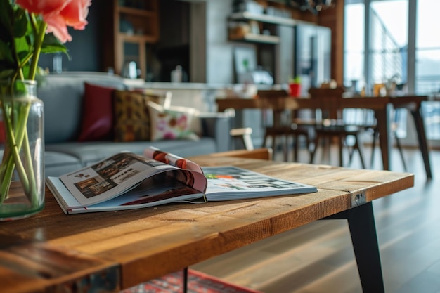 Stijlvolle woonkamer met kleurrijk tijdschrift op houten tafel in een modern appartement