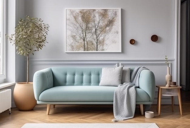 Stijlvolle woonkamer versierd met een abstracte frameposter met een modern interieur