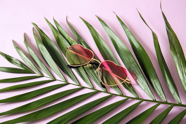 Stijlvolle zonnebril met tropisch blad op gekleurde achtergrond