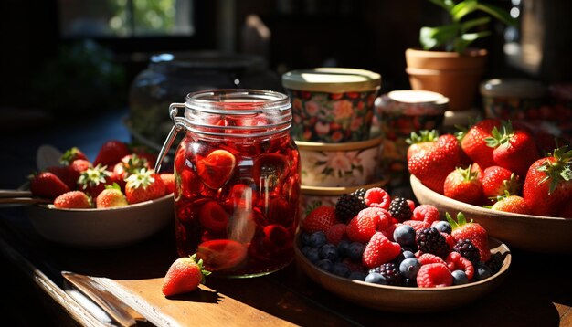 Foto stil leven met bessen en vruchten stil leven met berries rode bessen jam