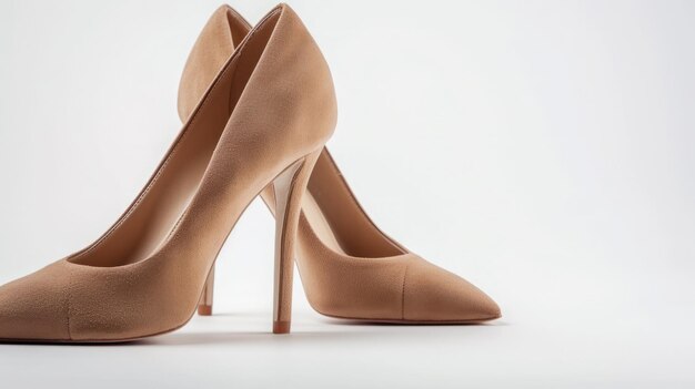 Stiletto beige shoes from suede on white background