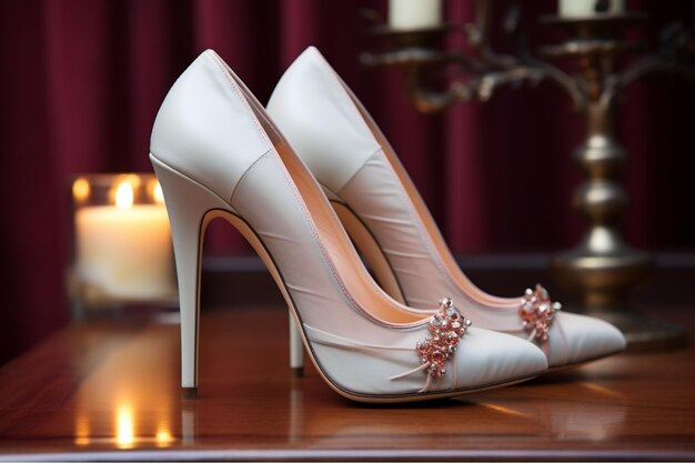 Stiletto shoes rest on rustic table embodying elegance and a touch of glam