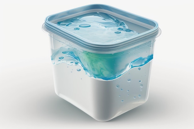 白い背景に分離されたプラスチック製の容器にまだきれいな水