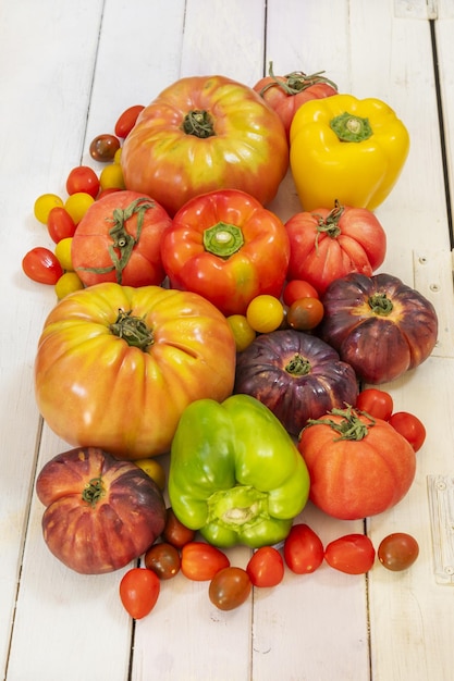 Still life of all kinds of tomatoes cherry sweet marmande