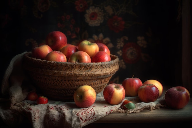 A still life of apples in a basket