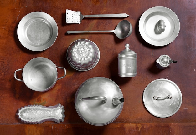 Still life arrangement of aluminium kitchen tools