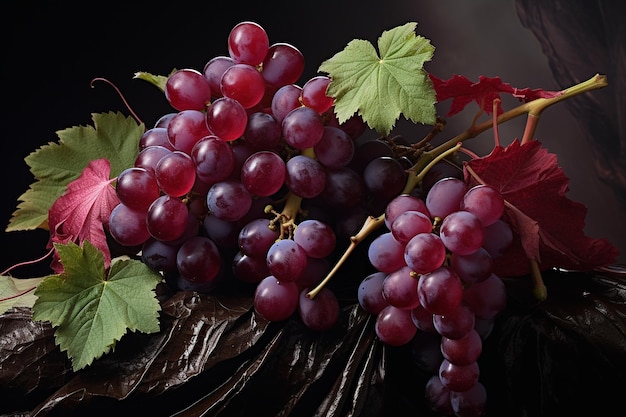 A still life arrangement of grapes with leaves and flowers