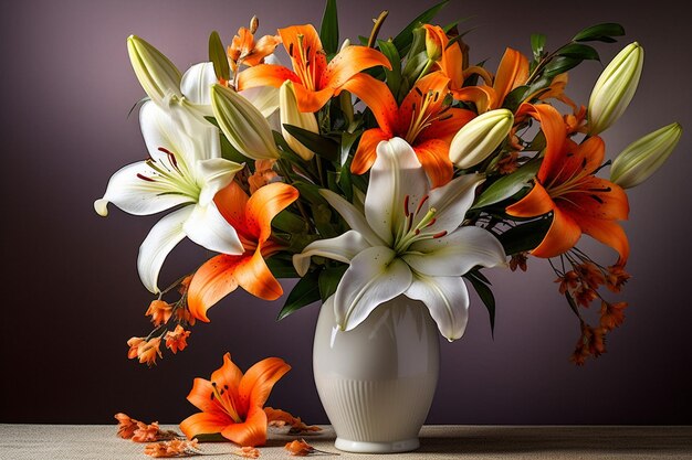 Still life arrangement of a lily bouquet with complementary objects