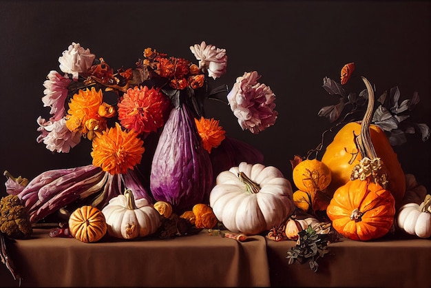 Still life of autumn vegetables and flowers