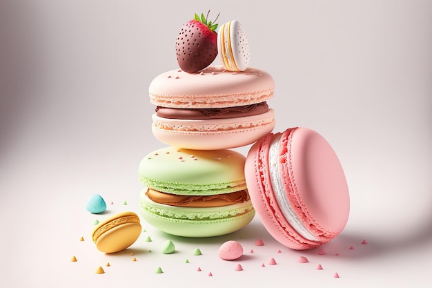 Still Life at a bakery Macaron pastels Strawberry Vanilla and Chocolate Macarons Stack on White Background Individual Macarons