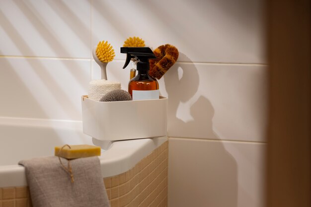 Photo still life of bathroom cleaning products