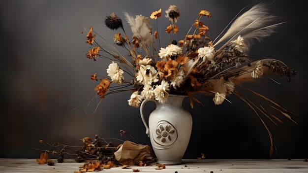 Photo still life beautiful vase with dried flowers