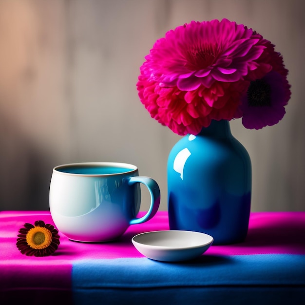 Still life of a blue coffee mug next to one white