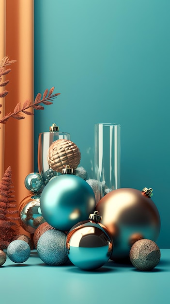 Still life of blue and gold christmas balls generative ai