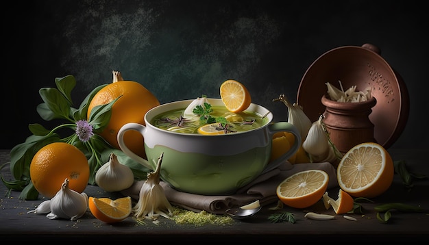 A still life of a bowl of soup with vegetables and lemons