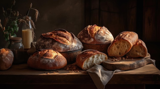 A still life of breads on a table with a light shining on them.