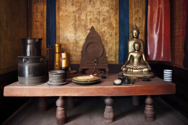 Still life of buddha statue and prayer wheel in a meditation room created with generative ai