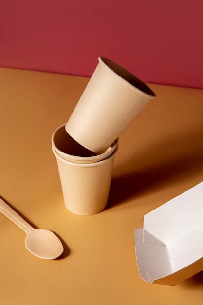 Still life of cardboard organic dinnerware